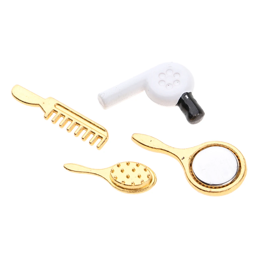 4 pcs Bathroom Accessory Comb Hair Dryer Mirror Model for 1/12 Dollhouse Miniature Practical Set Model Kids Pretend Play Toys