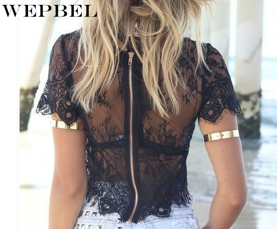 

WEPBEL Sexy Women Blusas Femininas Black Short Sleeve V Neck Sexy Vintage Lace Hollow Out Zipper Back Crop Top Clubwear
