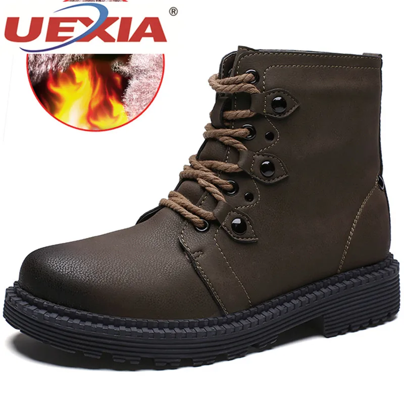 

UEXIA Fashion Men Boots High Quality Men Ankle Snow Boots Shoes Warm Fur Plush Lace-Up Men Winter Boots Black Men Brogue Shoes