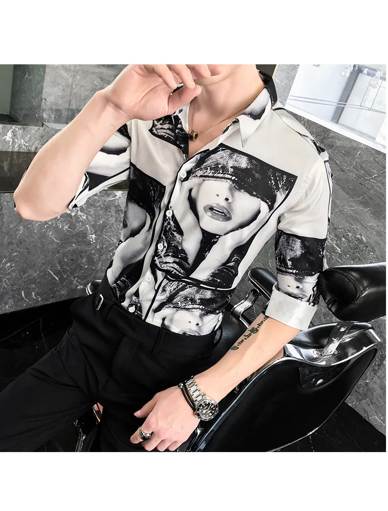Корейский Смокинг Рубашка с длинным рукавом 2019 г. летняя простая Slim Fit Повседневное пикантные Красота рубашка с принтом Для мужчин ночной