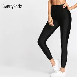 SweatyRocks черные спортивные Леггинсы брюки с высокой талией Женские Простые до щиколотки активная одежда укороченные брюки леггинсы для