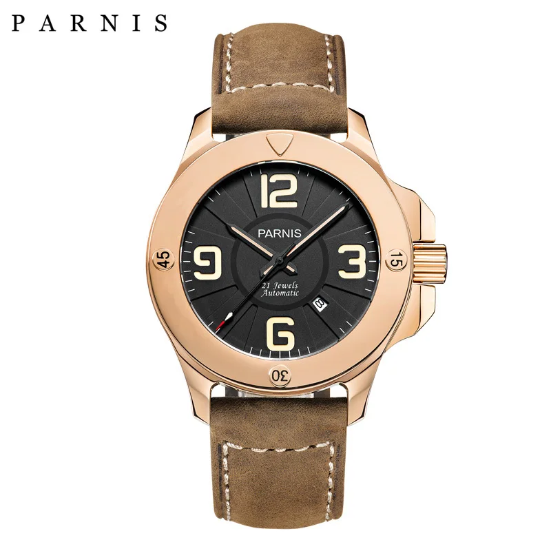 Горячие Parnis 47 мм военные механические часы мужские часы лучший бренд класса люкс автоматические часы сапфировое стекло Натуральная кожа Ремешок - Цвет: rose gold case