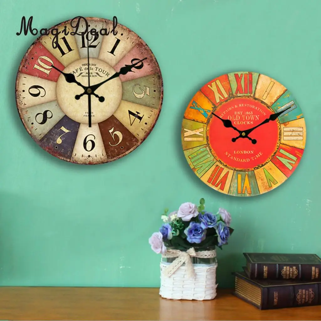 MagiDeal Vintage Round Wall Clock Home Wooden Retro Decor EST 1863 Old Town 12-hour Display for Home Office Coffee Shop 30cm