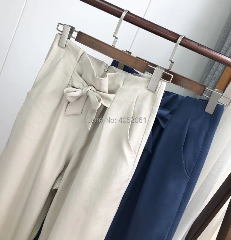 Cool Tencel женские бежевые/темно-синие широкие брюки с высокой талией-стильные женские девять штанов с завязками-бабочками