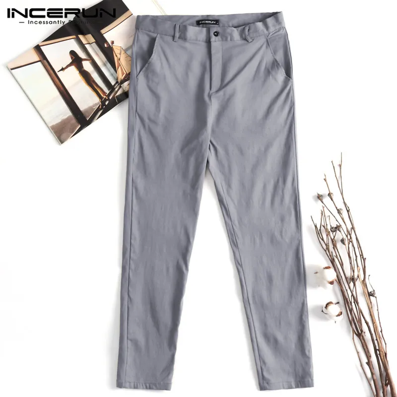 INCERUN новые модные мужские штаны для бега Button Slim Fit уличная Для мужчин деловые брюки Однотонная повседневная обувь Карандаш мужские брюки M-3XL