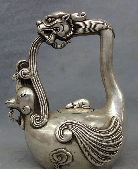 

10" Chinese Silver Wealth Dragon Head Phoenix Peacock Statue Teapot Wine Pot