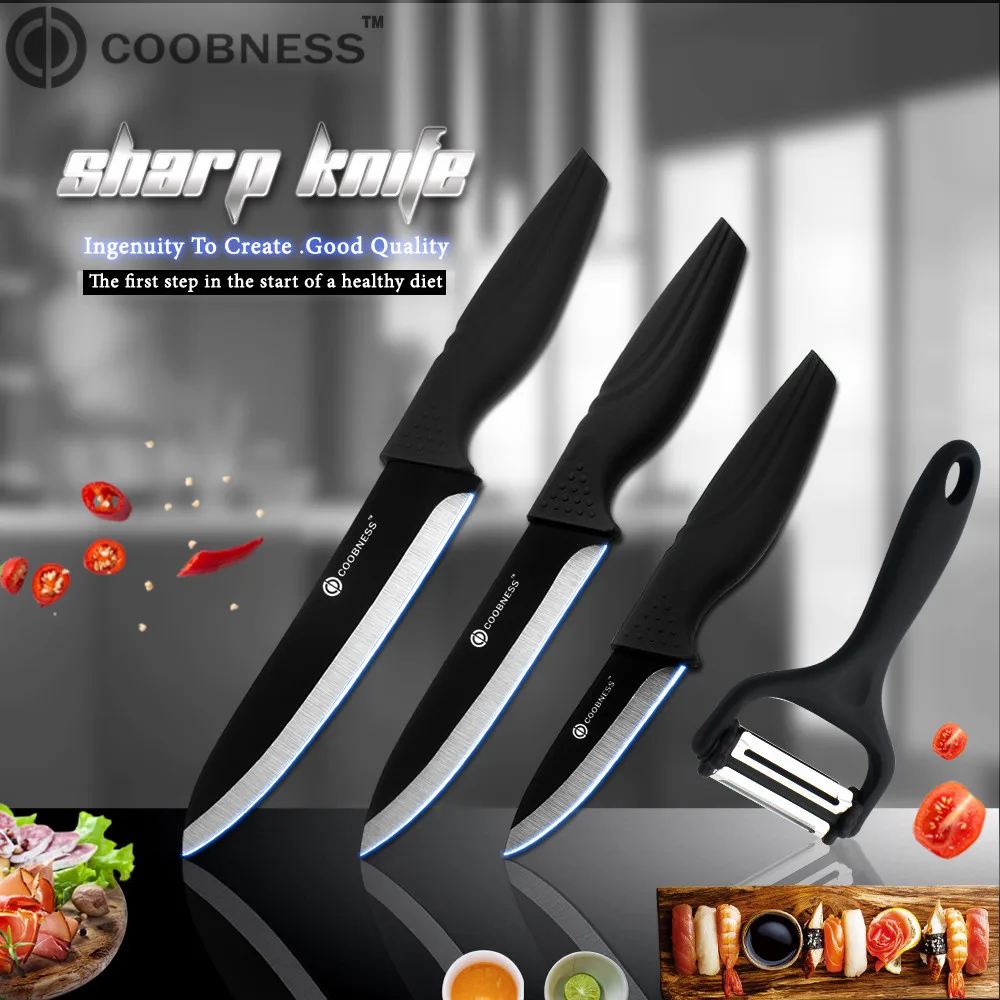 COOBNESS брендовый набор кухонных ножей из 4 предметов " 4" " 6" черный керамический нож и многофункциональная Овощечистка Набор аксессуаров для приготовления пищи