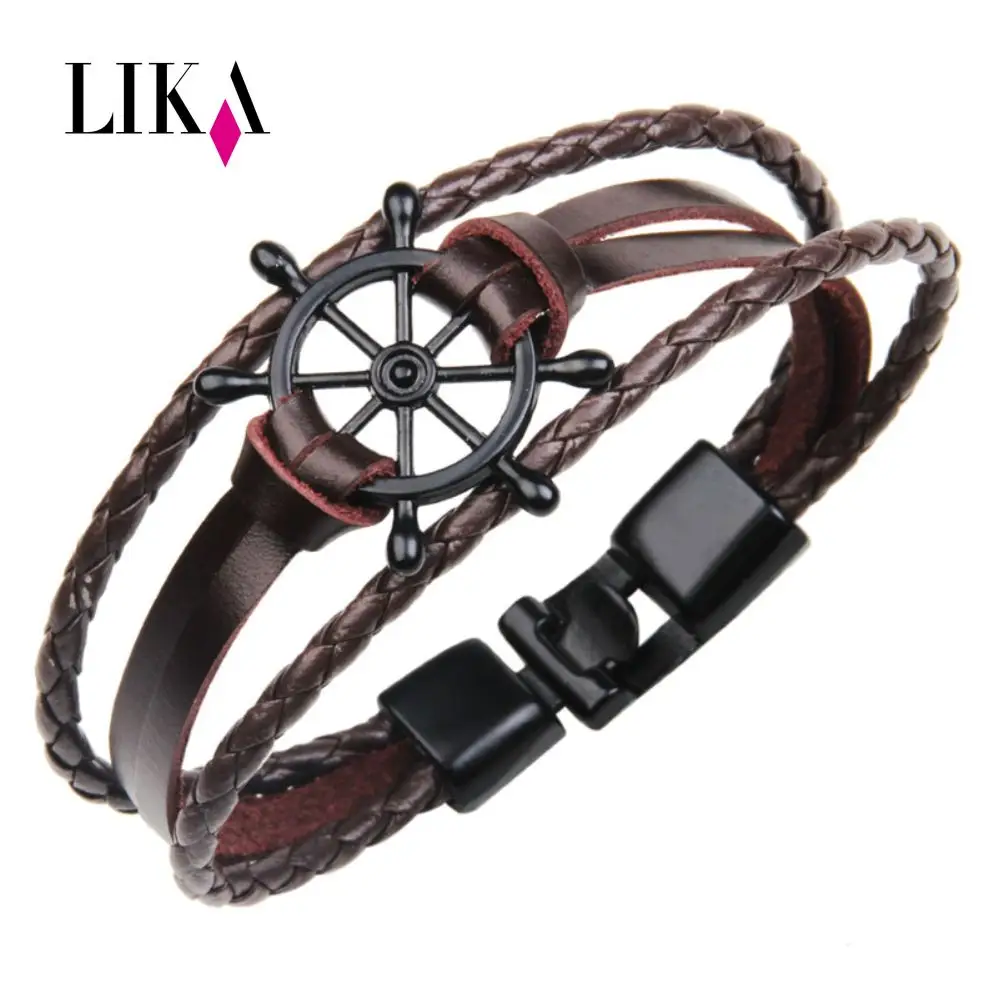 

LIKA Fashion Multiple Genuine Leather Bracelet Individual Rudder Black Brown White Men's Bracelets & Bangles Best Gift For Women