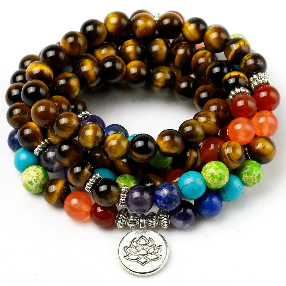 Natural Tiger’s Eye 7 Chakra Bracelet Men Women 8mm Stone Beads Healing Balance Reiki Prayer Yoga Strand Bracelets Jewelry