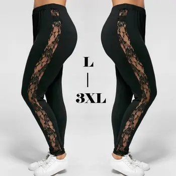 

Causal Women Autumn Flower Print Pants 2018 Lace Side Panel Pencil Pants Casual Straight Trousers Long Female Plus Size Trousers