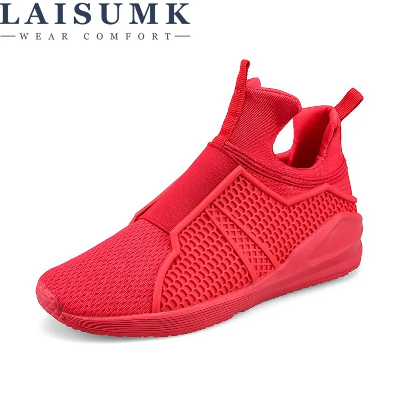 

2019 LAISUMK Men Casual Shoes Breathable Slip-On Flats EU 39-44 Men Comfortable Shoes Black / White / Red Color