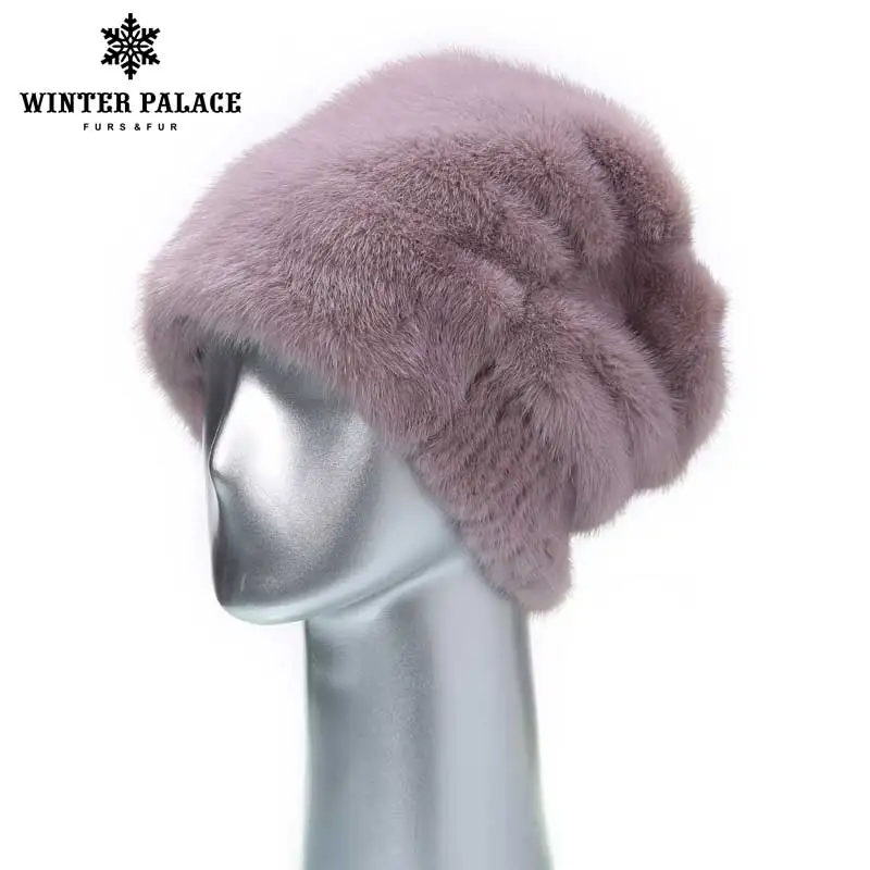 

Women fur hat for winter natural whole plate mink fur with silver Pompom beanies high quality fashional hats