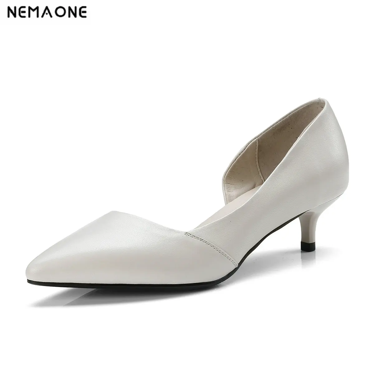 NEMAONE Genuine Leather Women 4cm Stiletto High Heel Shoes Pointed Toe Retro Ladies Slip on Pumps Black