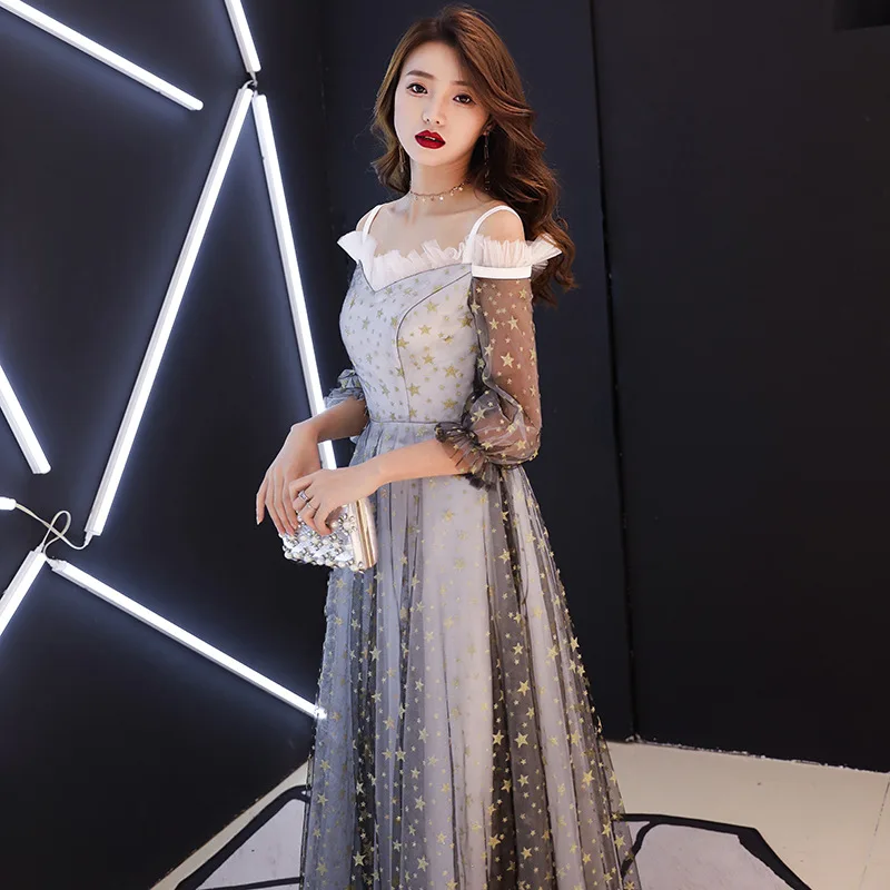 Evening Dress Long Full Stars Embroidery Pattern Party Gowns Sexy Boat Neck Half Sleeve Floor Length Formal Prom Dresses E059 Evening Dress Long Full Stars Embroidery Pattern Party Gowns Sexy Boat Neck Half Sleeve Floor Length Formal Prom Dresses E059