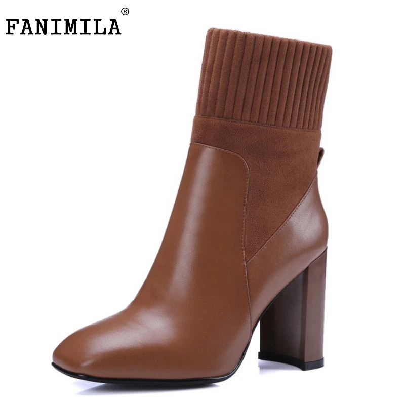 

Brand New Woman Real Genuine Leather Square Heel Half Short Boots Women Retro Square Toe Heeled Shoes Footwear Size 34-39 N00178