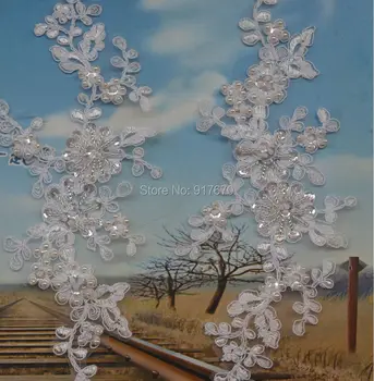 

Off White Lace Applique with pearl bead Lace Applique, sequined lace applique, bridal lace headpiece, 10pieces(5pairs/lot)