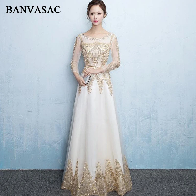 

BANVASAC 2018 Crystal O Neck Gold Lace Appliques Long Evening Dresses Party Sequined Sash Illusion Long Sleeve Prom Gowns