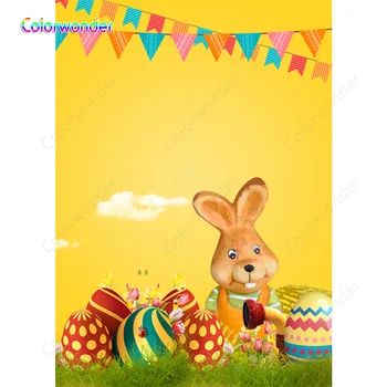 

Colorwonder Photography Background Brown Rabbit with Colorful Eggs 5x7ft Colored Flags Yellow Flags Backdrop for Easter Day Prop