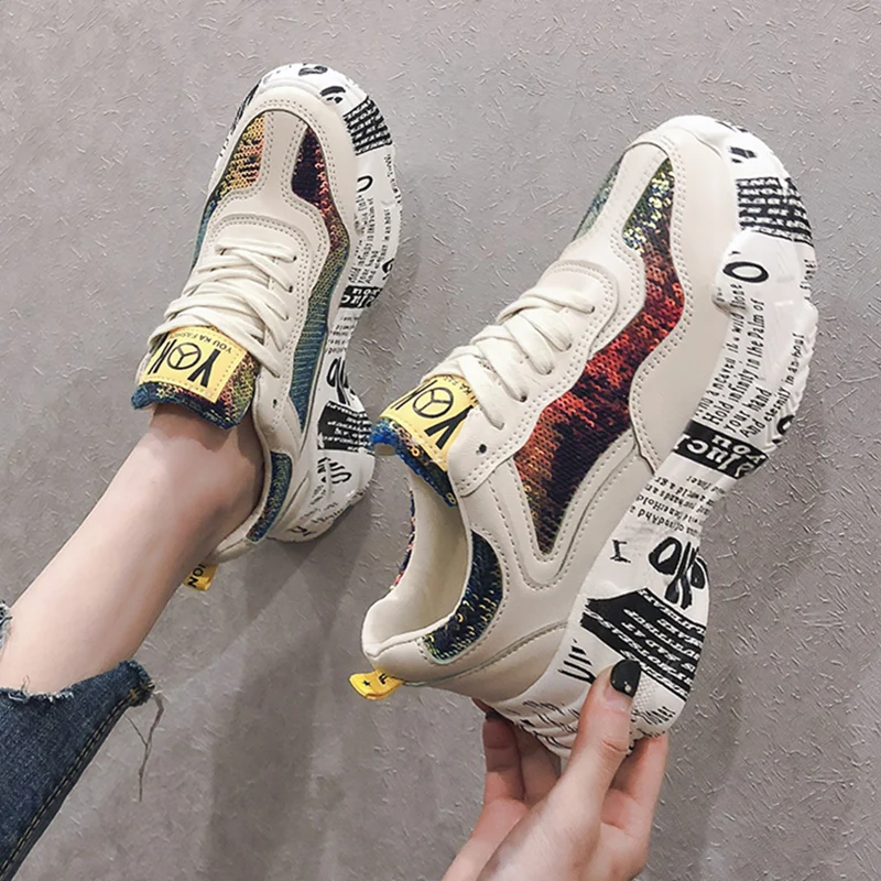 

Chunky sneakers Womens Sneakers Fashion Bling Sequins Platform Casual Shoes Lace-Up Round Toe Sneakers Womens QQ-231