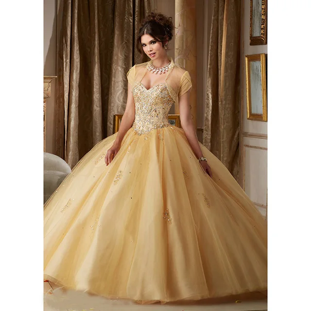

Vestido 15 anos Gold tulle Beaded Quinceanera Dresses With Jacket Sweetheart Ball Gown Prom Dress Sweet 16 Dresses