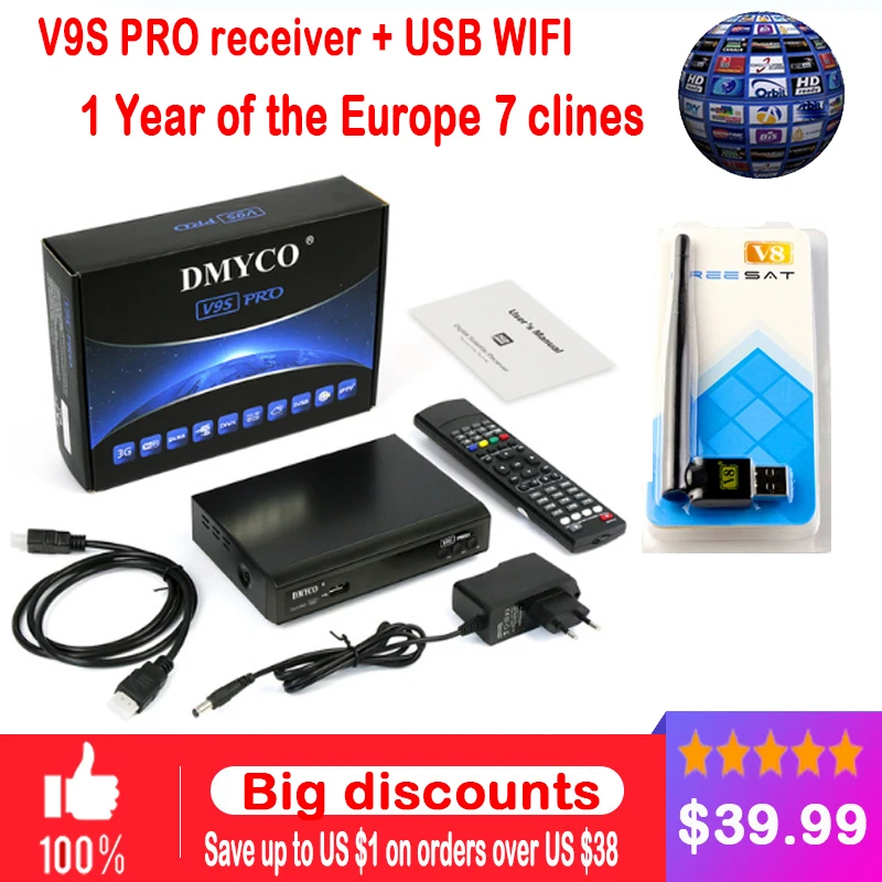 1 Year Europe 7 C-lines Server HD Satellite Receiver DMYCO V9S Pro DVB-S2 Decode Full 1080P Spain Germany With USB Wifi Receptor