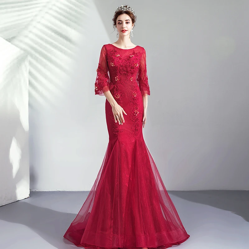 Elegant Burgundy Evening Dresses Three Quarter Length Sleeves Formal Party Gowns Mermaid Style Wedding | Свадьбы и торжества