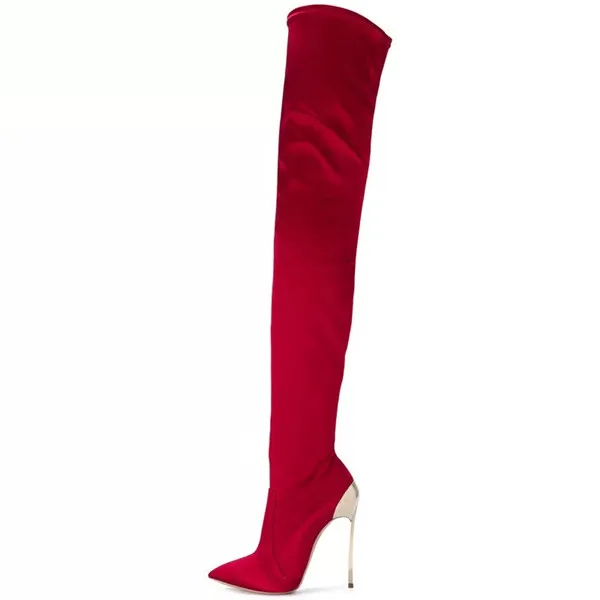 Mstacchi дизайнерские пикантные туфли Для женщин модные острый носок эластичная металлическими каблуками-шпильками Сапоги выше колен(ботфорты) облегающие длинные, с высоким каблуком; вечерние туфли - Цвет: red