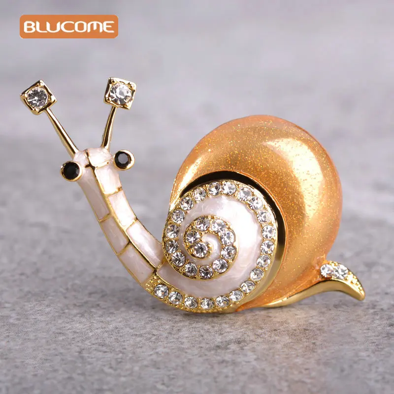 Женская брошь в форме улитки Blucome большая оранжевая эмалированная с кристаллами