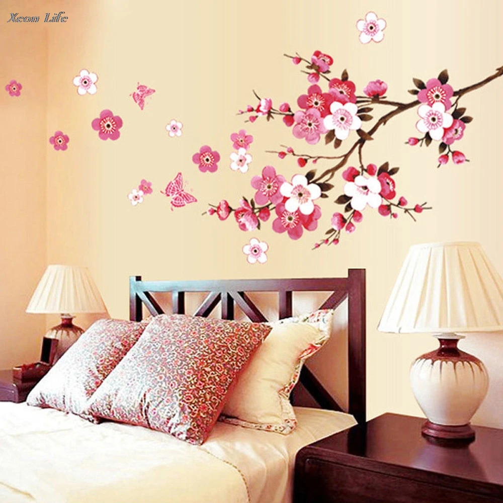 

Room Peach Blossom Flower Butterfly Wall Stickers Vinyl Art Decals Decor Mural Poster For Living Kids Rooms наклейки на стену