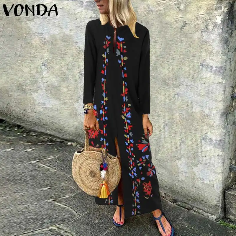 

VONDA 2019 Printed Maxi Dress Vintage Long Sleeve Split Hem Dresses Floral Printed Holiday Bohemian Sundress 5XL Beach Vestidos