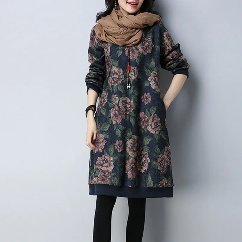 Plus velvet print long-sleeved dress