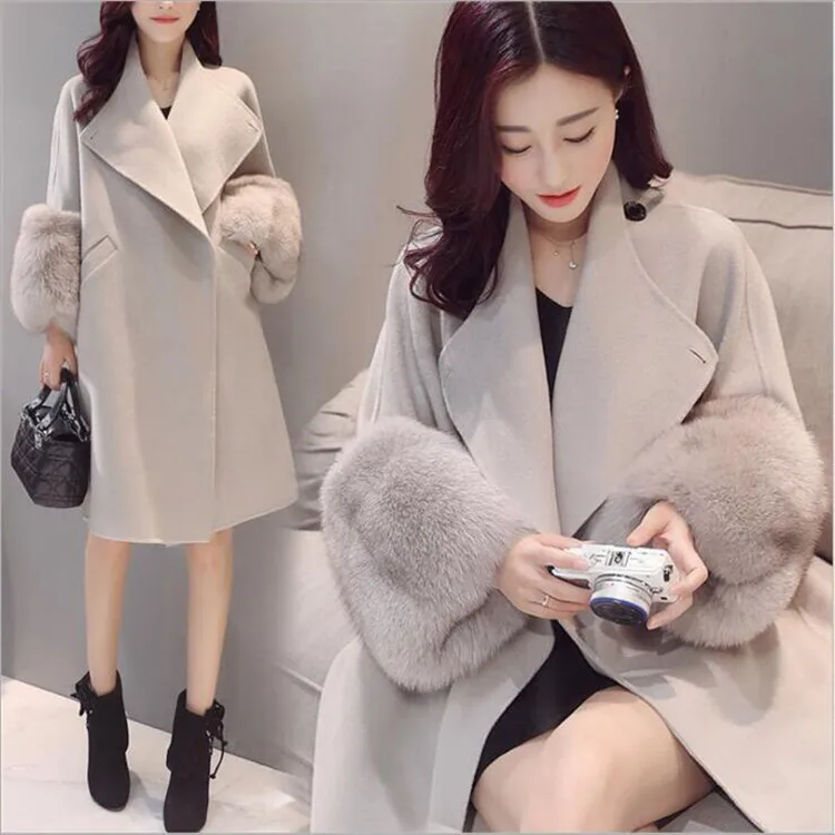 

Fashion Faux Fur Long Wool Blend Ladies Coat Solid Office Lady Covered Button Women's Jacket Korean Autumn Winter Coat