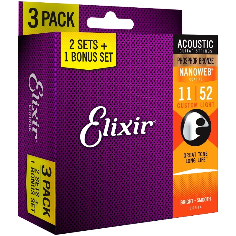 

Струны для гитары Elixir 16027 (3 шт. в упаковке 12002) из фосфорной бронзы, струны для гитары Nanoweb 11-52 с индивидуальным светом
