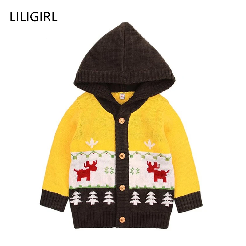 LILIGIRL высокое качество Штаны для девочек с рождественским изображением с капюшоном вязаный свитер кардиган для мальчиков теплая зимняя