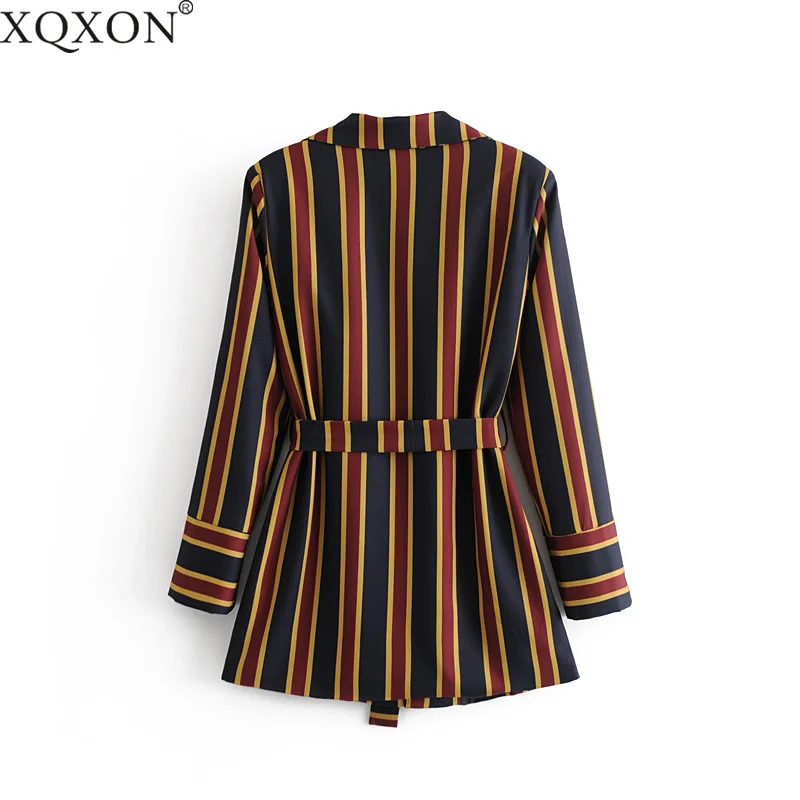 XQXON Women's suits Spring New Fashion Office Style Striped Blazers Jacket striped straight pant suits Two Pieces Set