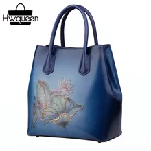 Ручная Выгравированная сумка в виде цветка лотоса из натуральной коровьей кожи синего цвета женская сумка на плечо женский большой кошелек