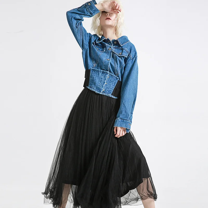 TWOTWINSTYLE осенняя джинсовая куртка для женщин с лацканами длинным рукавом