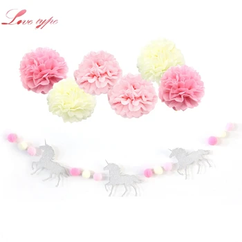 

1Set New DIY Rainbow Unicorn Paper Garland + Pompom Flowers For Home Garden Kids Bedroom Baby Shower Birthday Party Decoration