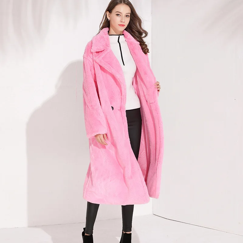 2018 Winter Casual Pink Fur Coat Women Thick Long Trench and Coat Wear