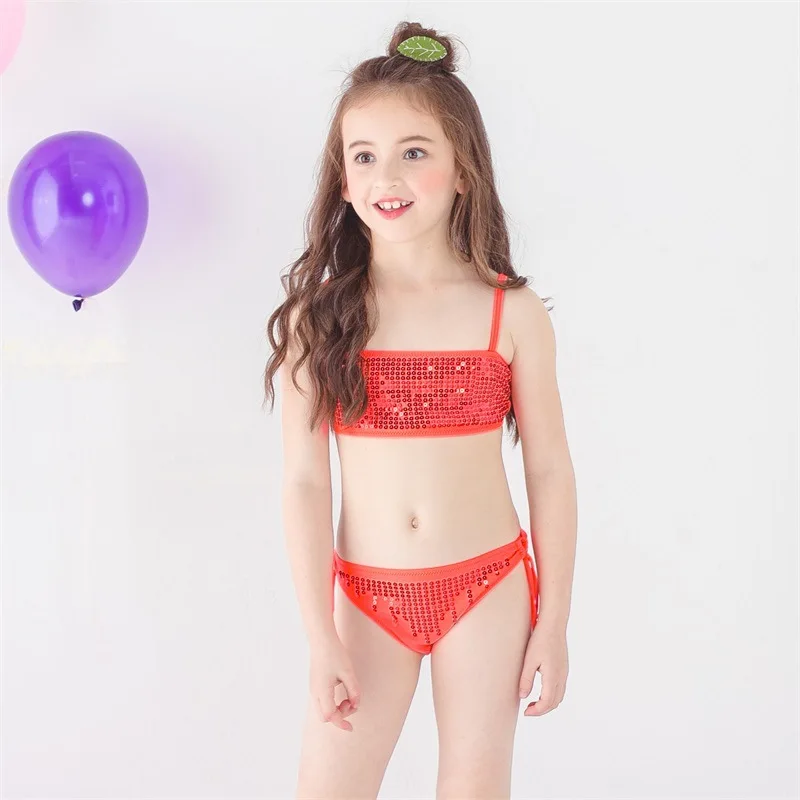 

2018 New Girls Pure Color Sequins Breast Neck Low Waist Bikini Children Swimsuit