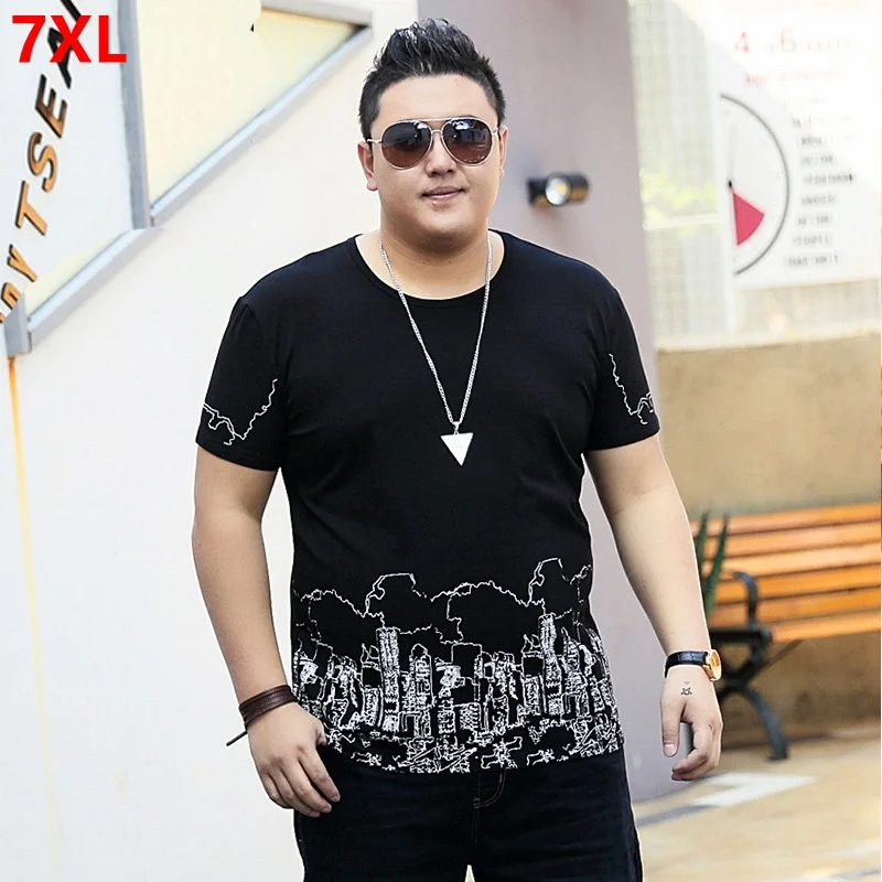 

Young students Summer plus size men's round neck urban pattern prints short-sleeved plus size T-shirt tide