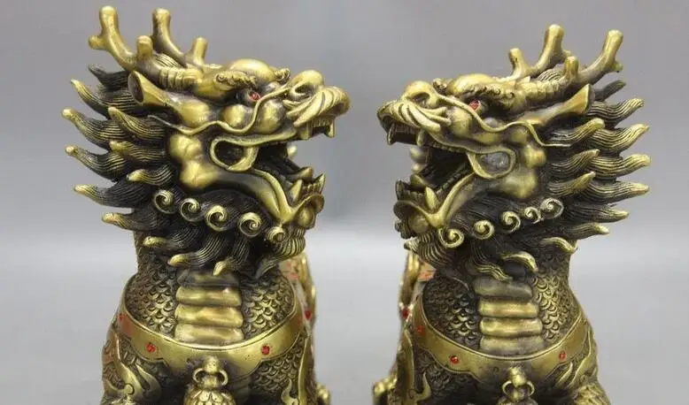 Китайская латунная статуя фэн шуй Дракон Yuanbao Phoenix Fu Foo Dog Lion Kirin kylin|Статуи и