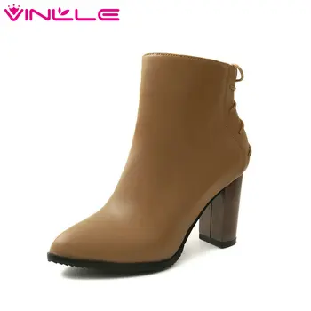 

VINLLE 2020 Women Ankle Boots Platform Winter Shoes All Match Square High Heel Black Women Motorcycle Boots Big Size 34-43