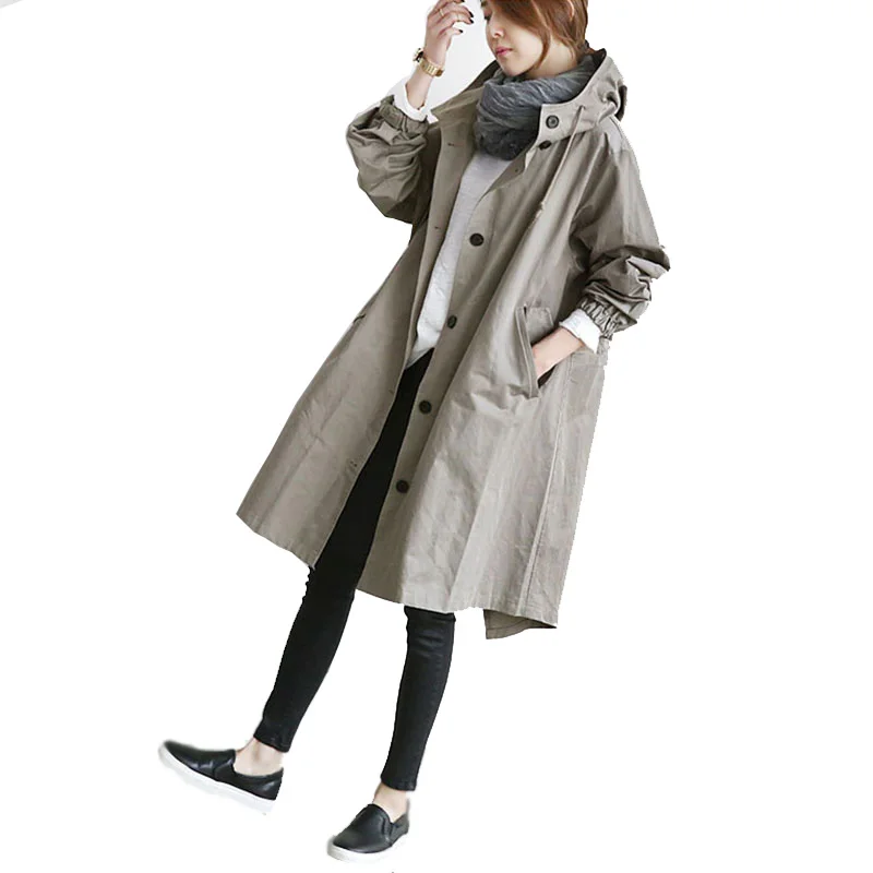 Весенне-осенний Тренч, женское повседневное пальто средней длины с длинным рукавом и капюшоном, большие размеры, свободная ветровка, Пальто 4XL