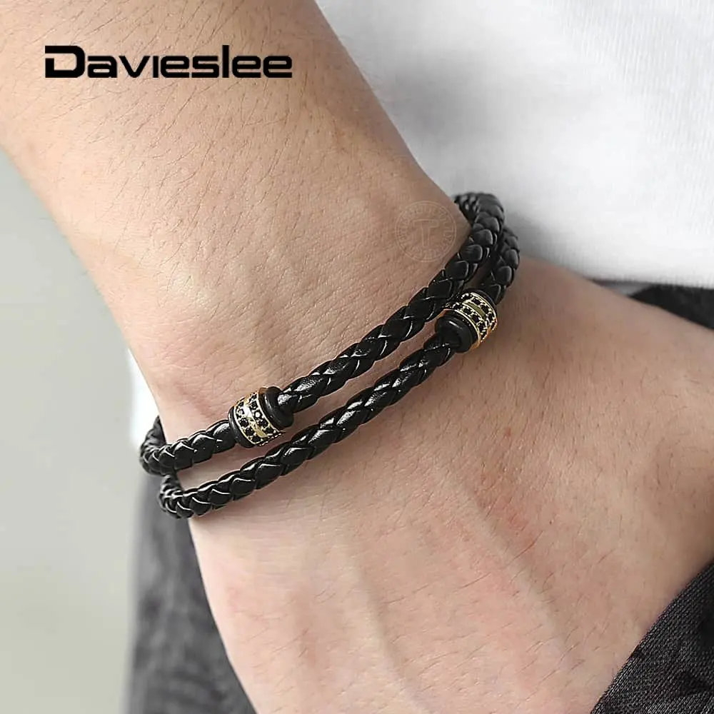 

2019 Fashion Men Jewelry Black Leather Bracelet for Men Stainless Steel CZ Zirconia Bead Charms Punk Mens Bracelets LDLBM35