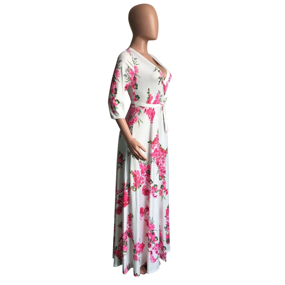Осень Boho сексуальное женское платье с v-образным вырезом и рукавом три четверти с цветочным принтом длинное женское свободное пляжное макси платья большого размера O238