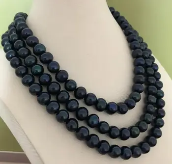 

free shipping single strands 9-10mm round black blue pearl necklace 46inch 14k