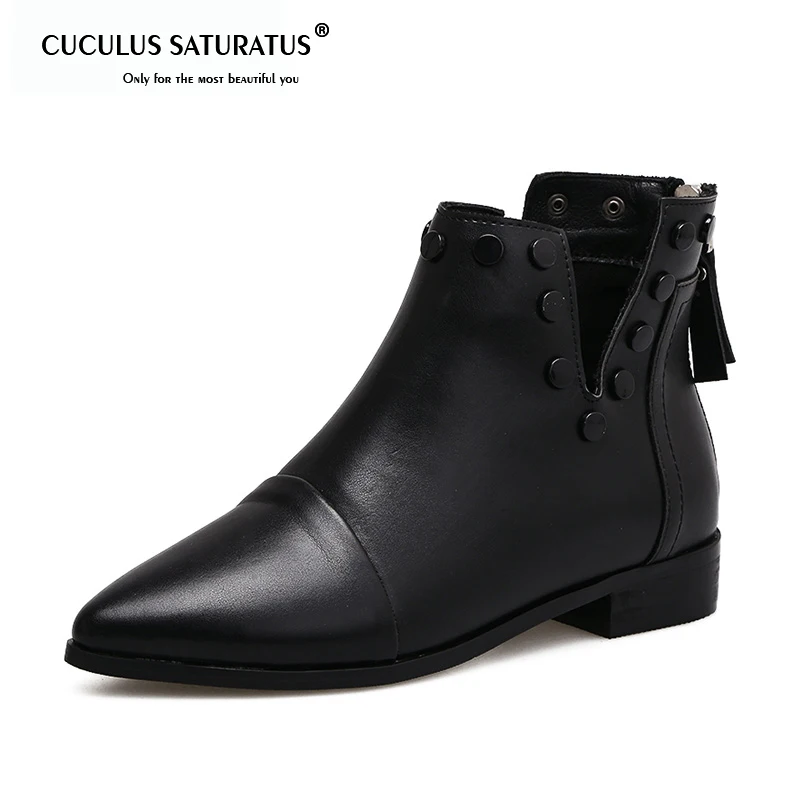 

Cuculus Rivet Ankle Boots for Women Shoes Woman Casual Boots Flat 2019 Spring Black Botas Mujer Pointed Toe Zipper 1683