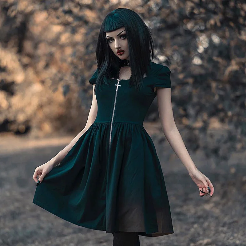 

2019 Spring Summer Punk A-line Princess Dress Front Women Cross Zipper Hollow out Girls Gothic Dresses Dark Fashion Dress