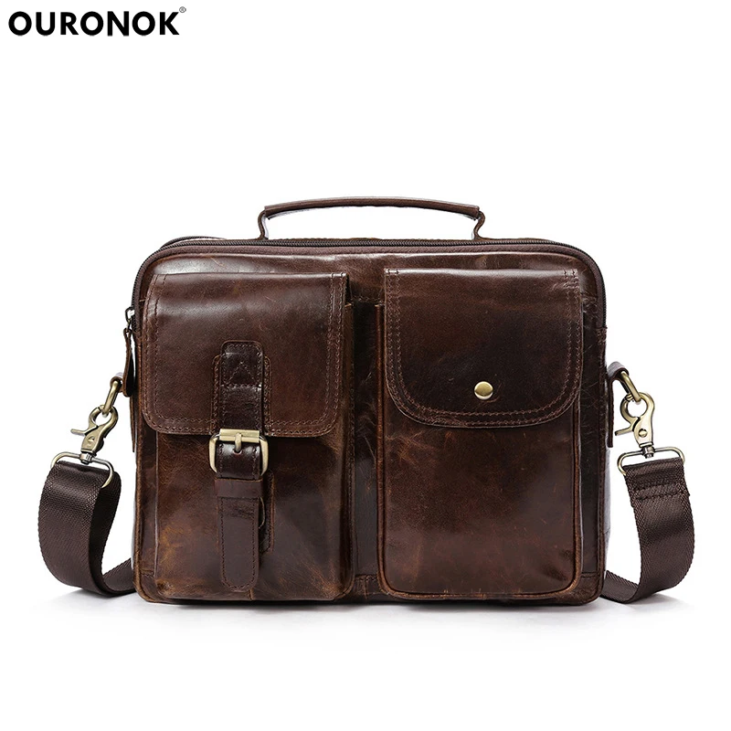 

OURONOK 2018 New Oil Wax Leather Men's Shoulder Leather Bag Messenger Real Cow Leather Retro Men Vintage handbag Business Bag